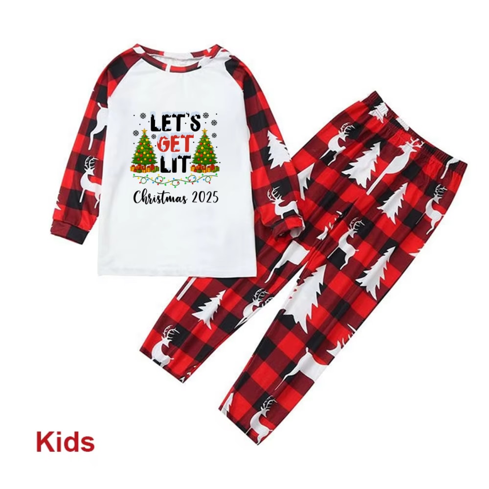Let's Get Lit Christmas Red Buffalo Plaid Family Matching Pajamas
