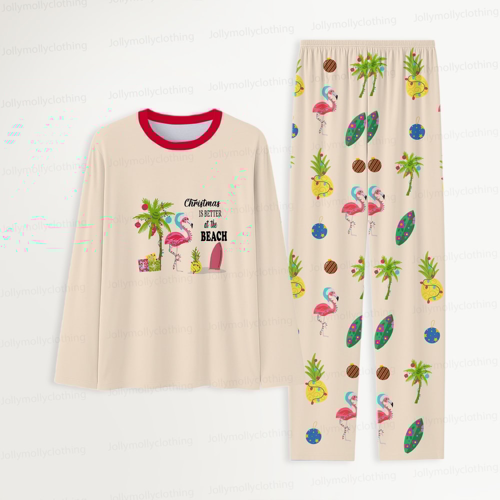 Tropical Beach Christmas Matching Family Pajama Set with Flamingo and Palm Tree Design