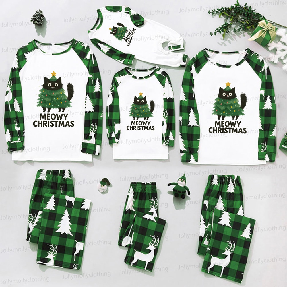 Green Family Christmas Pajama Set Meowy Christmas Cat