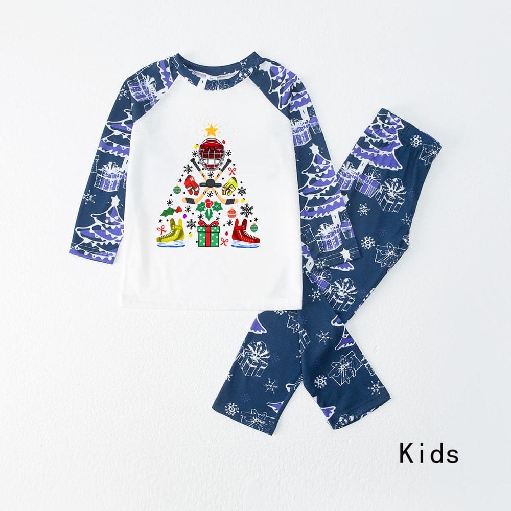 White Blue Hockey Gear Tree Christmas Family Matching Pajamas