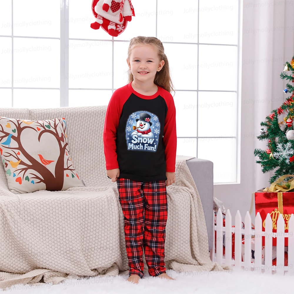 Snow Much Fun Snowman Red Plaid Family Christmas PJs