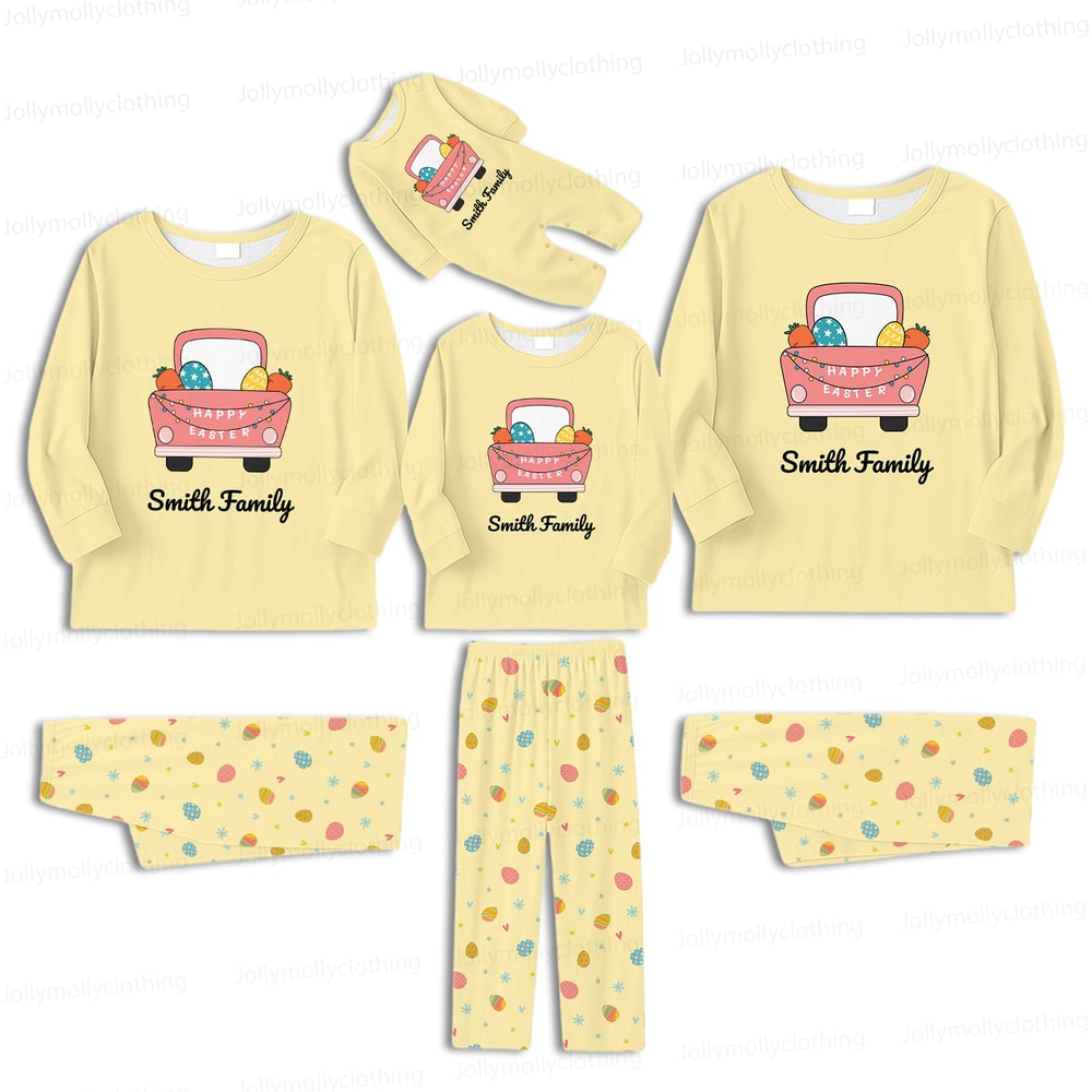 Custom Name Easter Truck Matching Family Pajamas Yellow Set