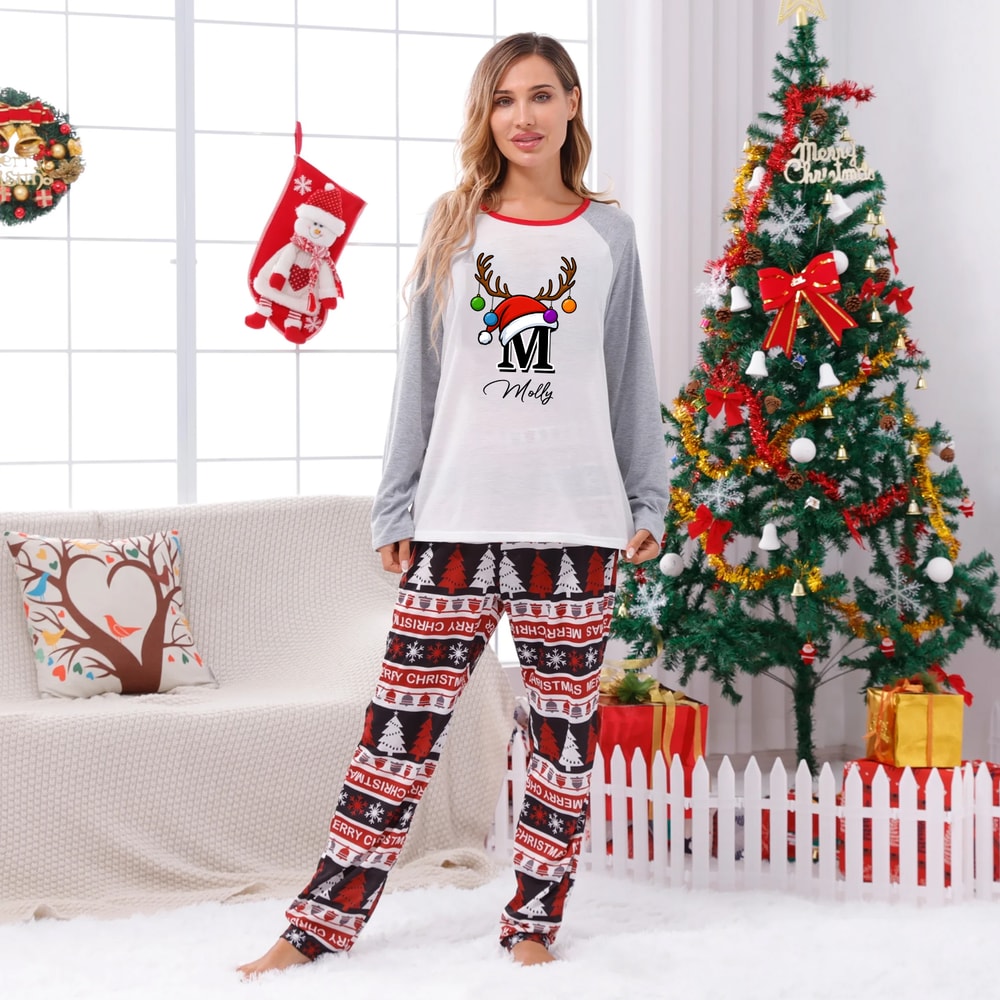Gray Monogrammed Name Christmas Family Pajamas Merry Christmas Print