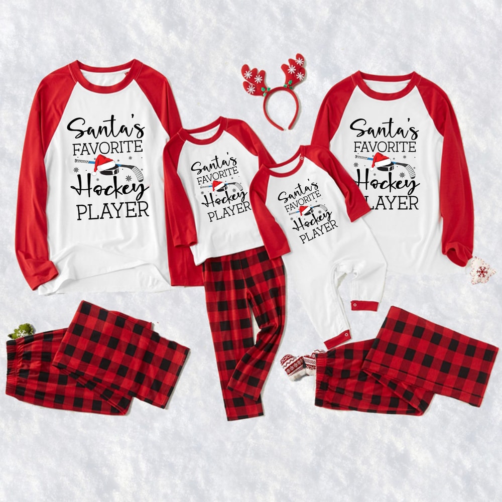 Santa's Favorite Hockey Player Family Matching Pajamas Red Buffalo Plaid