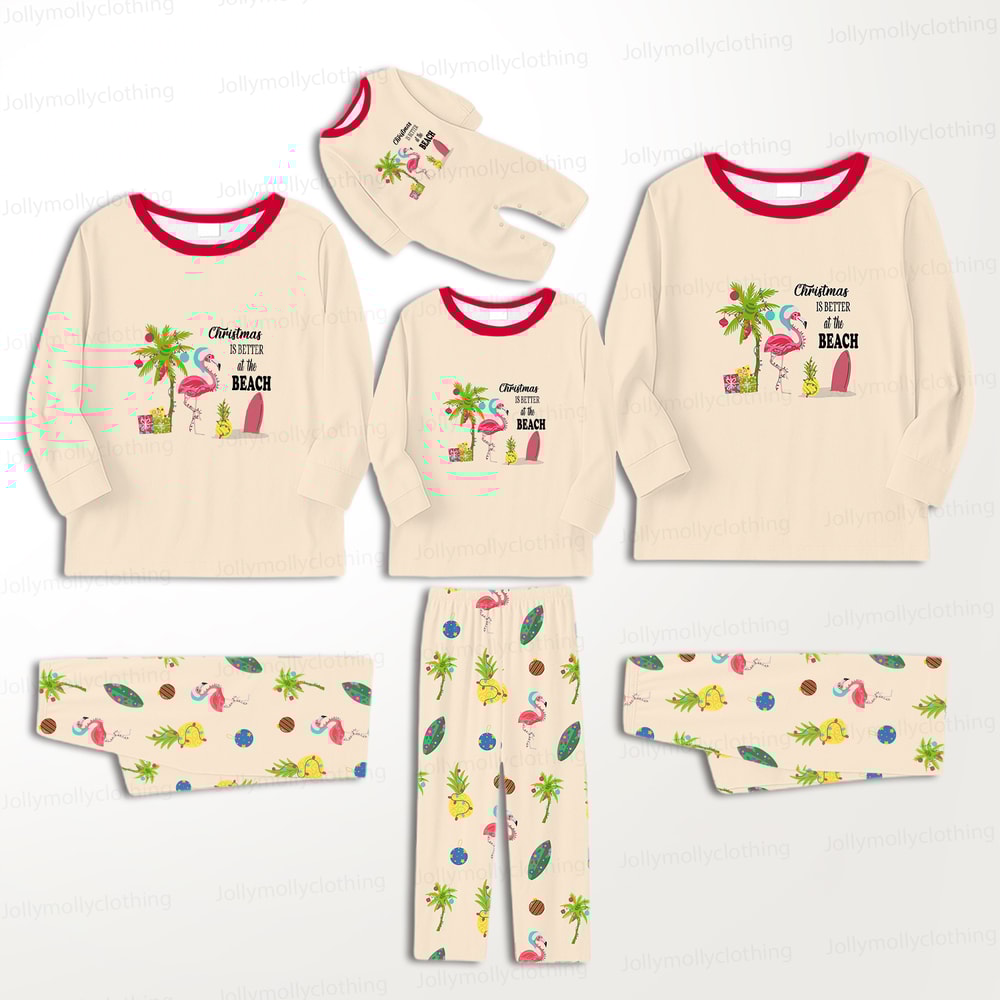 Tropical Beach Christmas Matching Family Pajama Set with Flamingo and Palm Tree Design