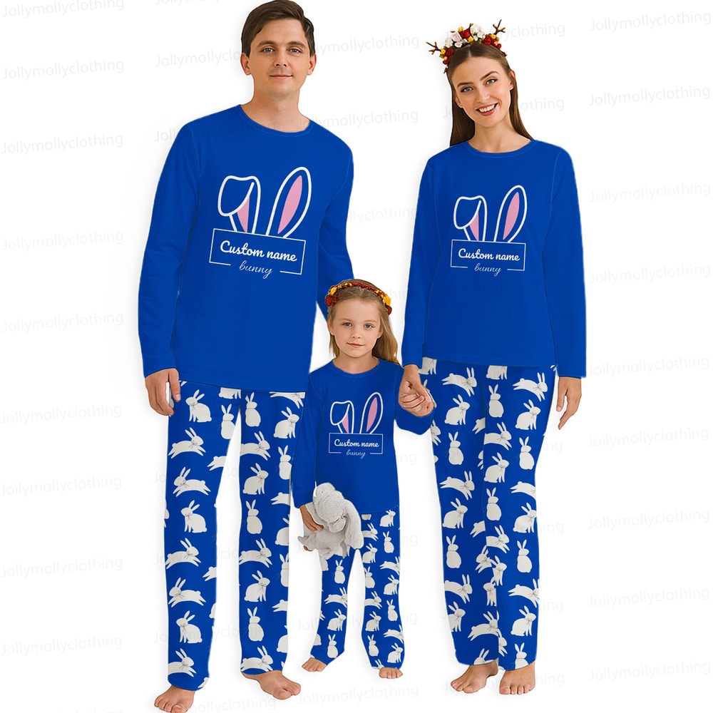 Personalized Bunny Matching Family Pajamas Royal Blue Easter Sleepwear