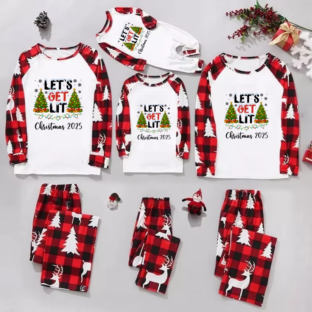 Let's Get Lit Christmas Red Buffalo Plaid Family Matching Pajamas