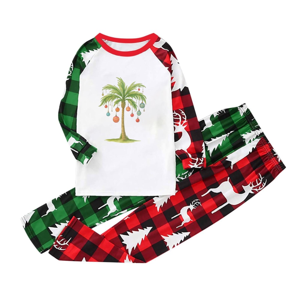 Tropical Holiday Palm Tree Family Pajamas Red and Green Plaid Sleepwear Set