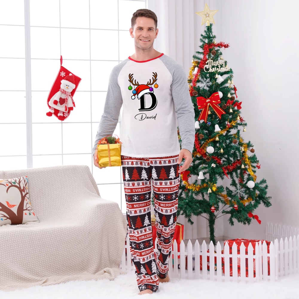 Gray Monogrammed Name Christmas Family Pajamas Merry Christmas Print