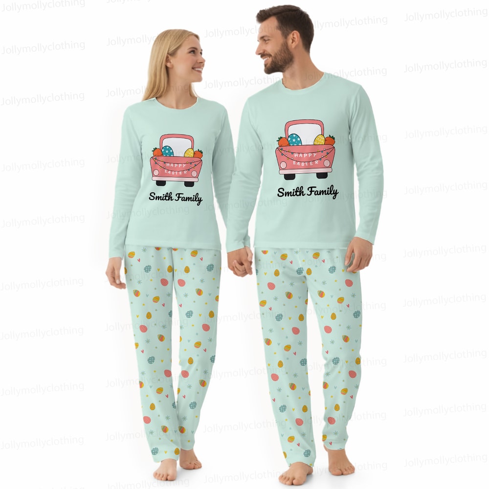 Custom Name Happy Easter Matching Family Pajamas Mint Green Sleepwear