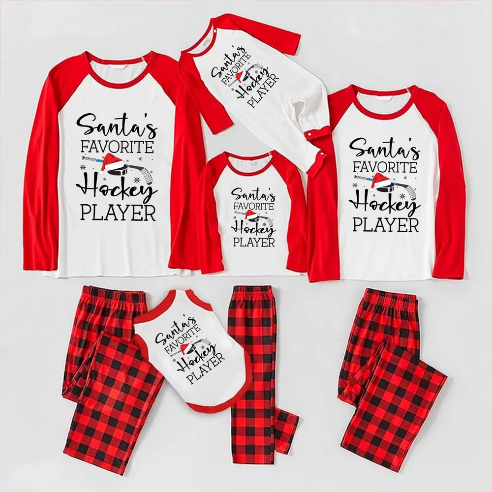 Santa's Favorite Hockey Player Family Matching Pajamas Red Buffalo Plaid