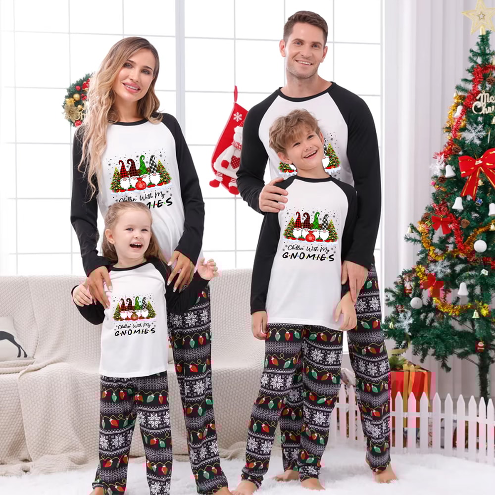 Black White Chillin With My Gnomies Christmas Family Pajamas Fair Isle Print