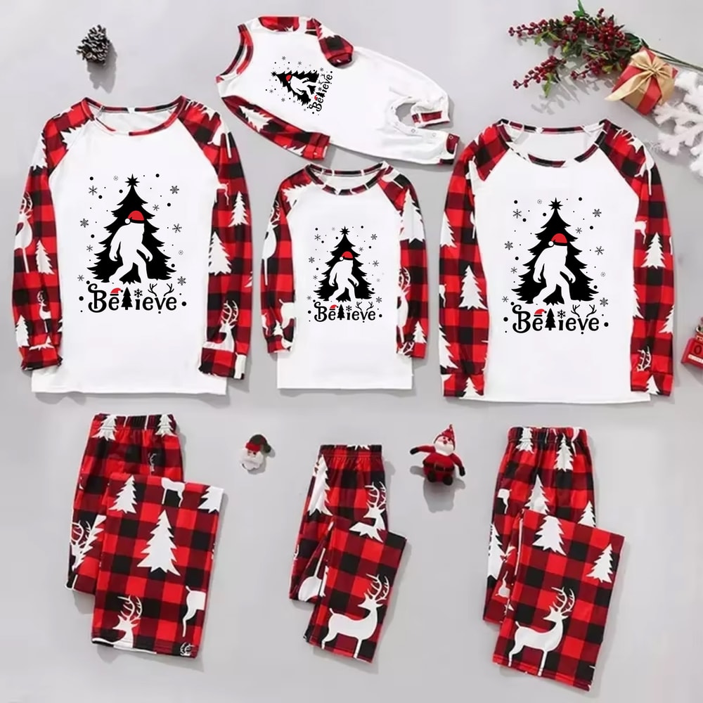 Christmas Bigfoot Family Matching Pajamas Believe Red Plaid Reindeer