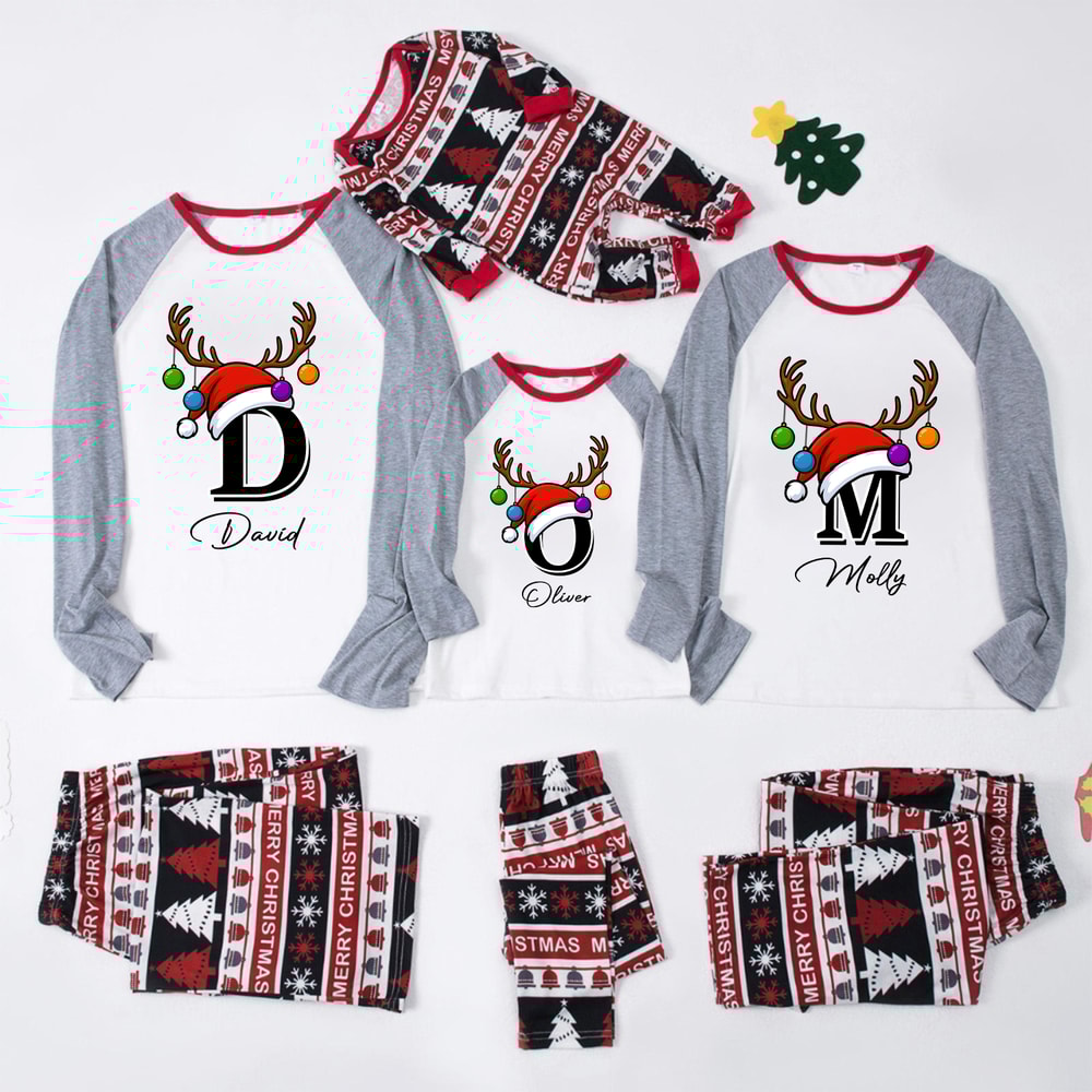 Gray Monogrammed Name Christmas Family Pajamas Merry Christmas Print