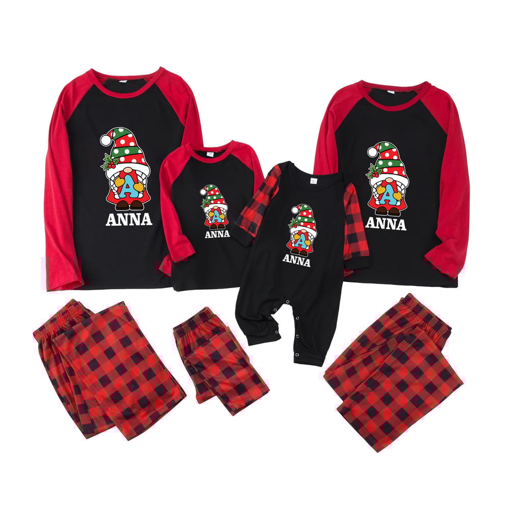 Personalized Christmas Gnome Family Matching Pajamas Red and Black Plaid Holiday Set