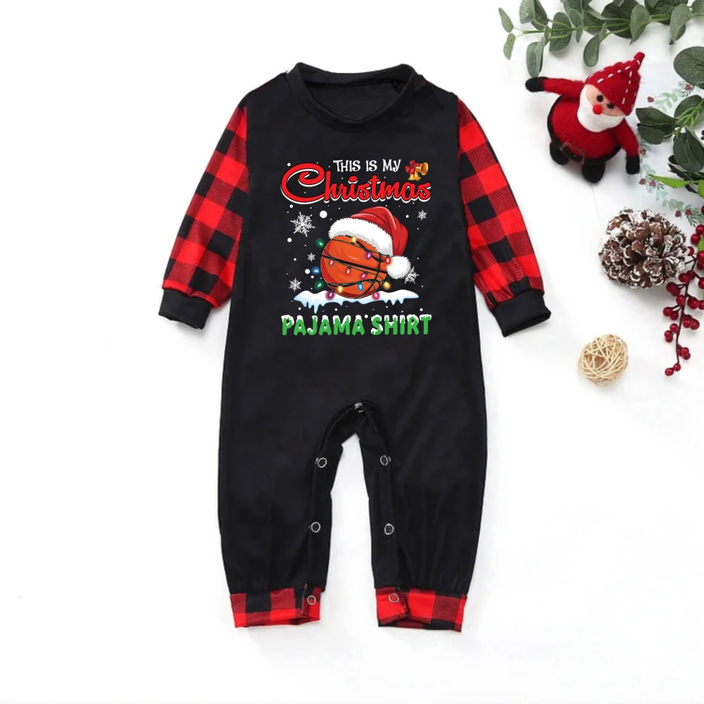 Red Plaid Basketball Christmas Pajama Shirt Matching Family PJs Set"