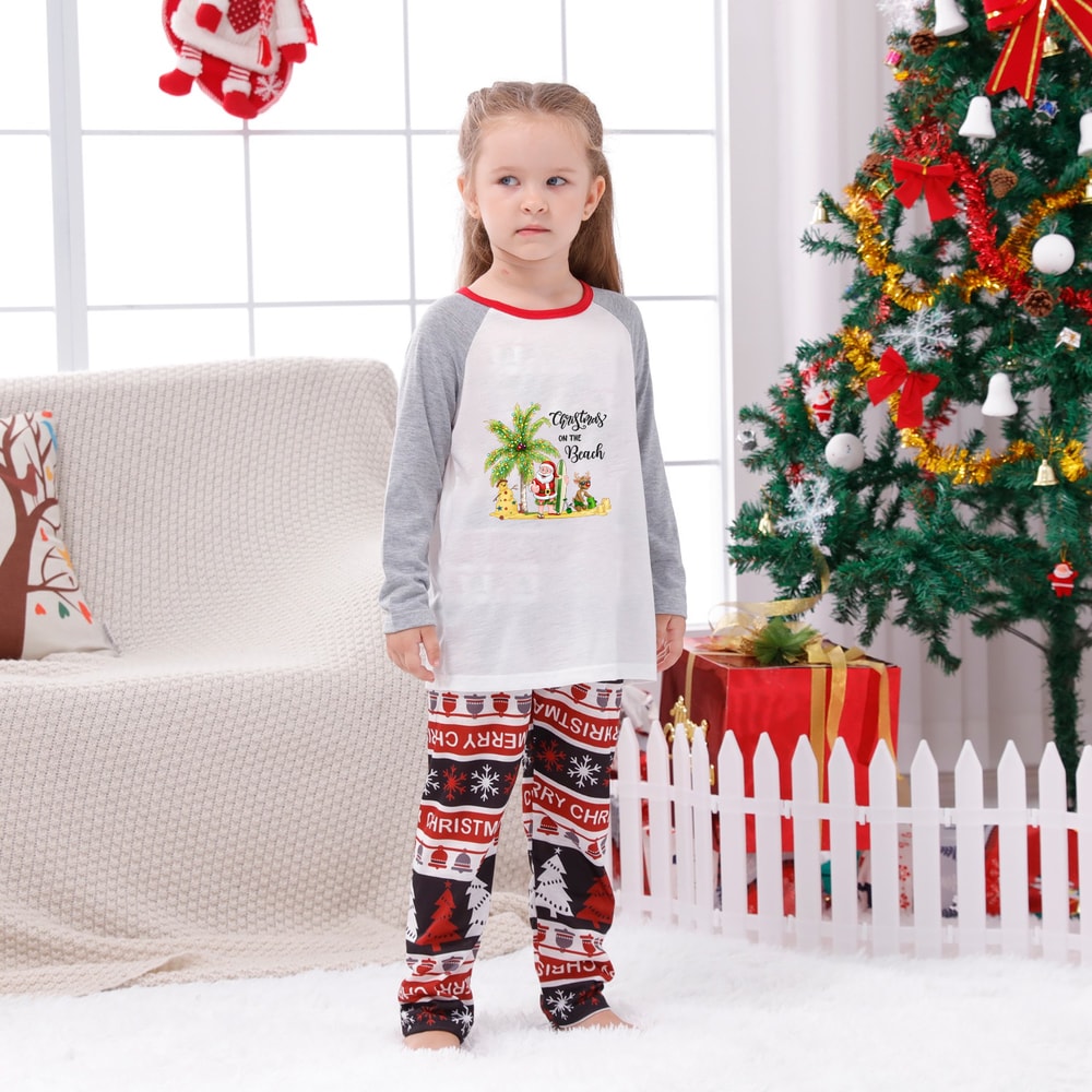 Tropical Christmas on the Beach Family Pajamas Grey Sleeve Matching Holiday Set