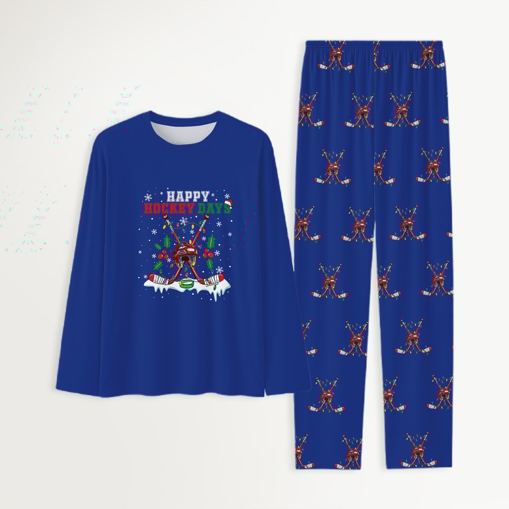 Happy Hockey Days Christmas Family Matching Pajamas Blue Set