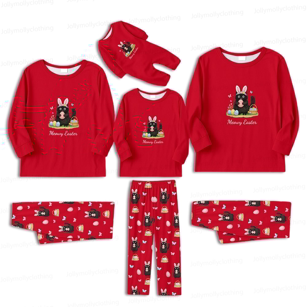Meowy Easter Matching Family Pajamas Red Long Sleeve Set