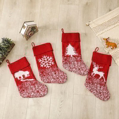 Red Knitted Christmas Stockings with Winter Holiday Patterns
