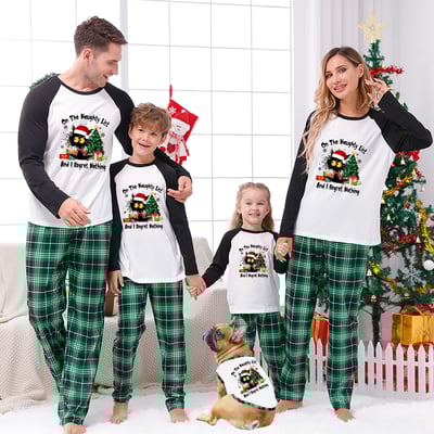 Funny Black Cat On the Naughty List Family Christmas PJs Green Plaid