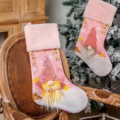 Pink Gnome Christmas Stockings with LED Lights Festive Holiday Socks for Tree Decorations