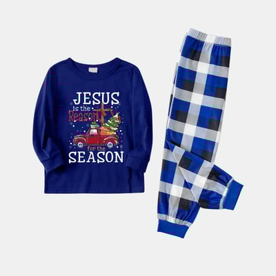 Jesus Is the Reason Red Truck Blue Christmas Pajama Set