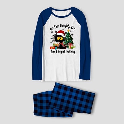 Funny Black Cat On the Naughty List Family Christmas PJs Blue
