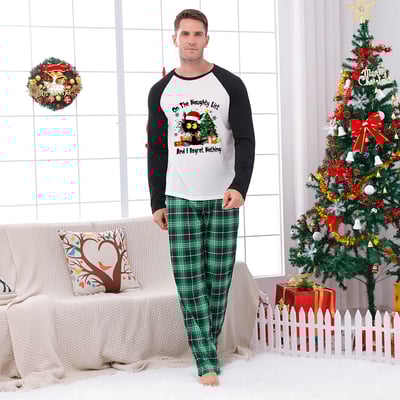 Funny Black Cat On the Naughty List Family Christmas PJs Green Plaid