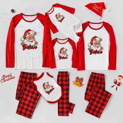 Santa Believe Matching Pajamas Red Plaid with Red Sleeves for Festive Family Fun