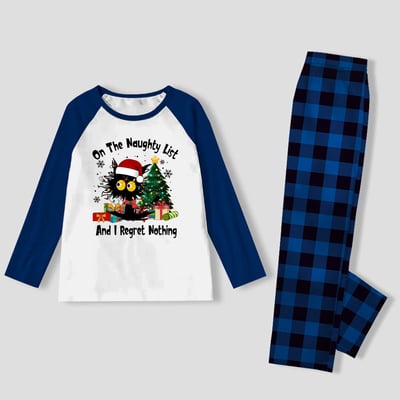 Funny Black Cat On the Naughty List Family Christmas PJs Blue
