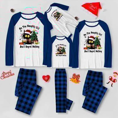 Funny Black Cat On the Naughty List Family Christmas PJs Blue