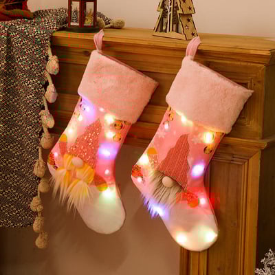Pink Gnome Christmas Stockings with LED Lights Festive Holiday Socks for Tree Decorations
