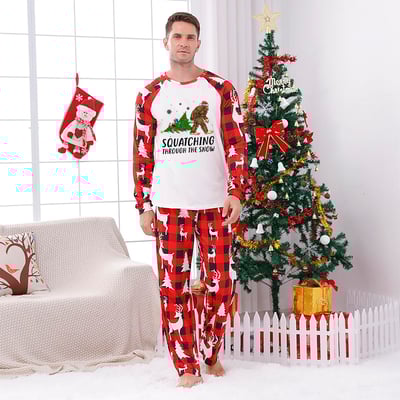 Bigfoot Squatching Through the Snow Family Christmas PJs Red