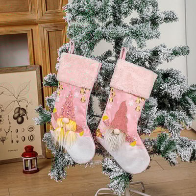 Pink Gnome Christmas Stockings with LED Lights Festive Holiday Socks for Tree Decorations