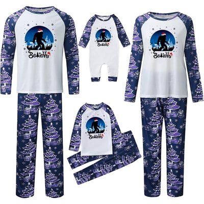 Navy Believe Bigfoot Matching Family Christmas PJs with Pet Outfit