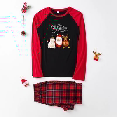 Santa, Snowman & Reindeer Red Plaid Family Christmas Pajamas