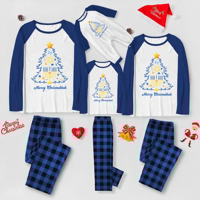 Merry Christmukkah Matching Family Pajama Set Blue Plaid with Pet Shirt