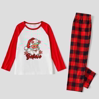 Santa Believe Matching Pajamas Red Plaid with Red Sleeves for Festive Family Fun