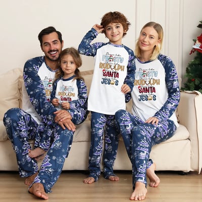 Frosty,Rudolph,Santa＆Jesus Christmas Blue Matching Pajamas