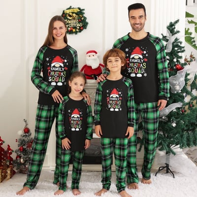 Family Christmas Squad Matching Holiday Pajama Set with Green Plaid Pants