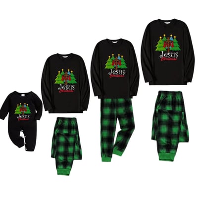 Black Jesus Christmas Family Matching Pajamas with Green Plaid Pants