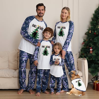 Bigfoot Believe Holiday Matching Family Pajama Set Navy Christmas Tree