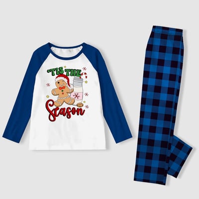 Tis the Season Gingerbread Matching Family Christmas Pajama Set Blue Plaid