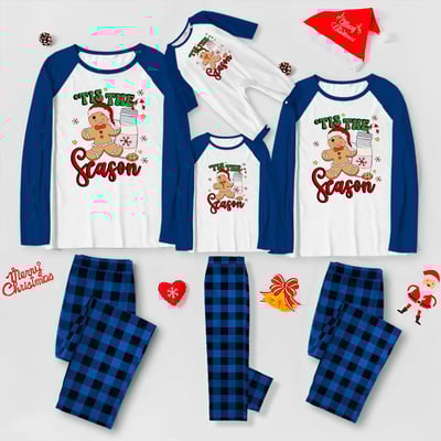 Tis the Season Gingerbread Matching Family Christmas Pajama Set Blue Plaid