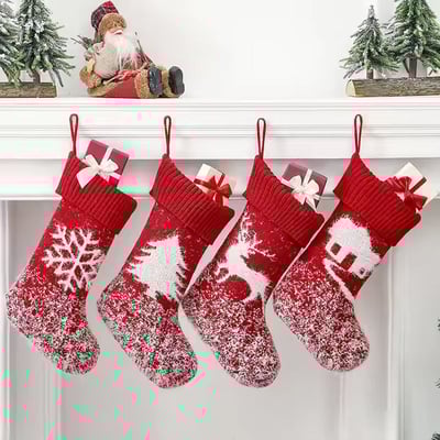 Red Knitted Christmas Stockings with Winter Holiday Patterns