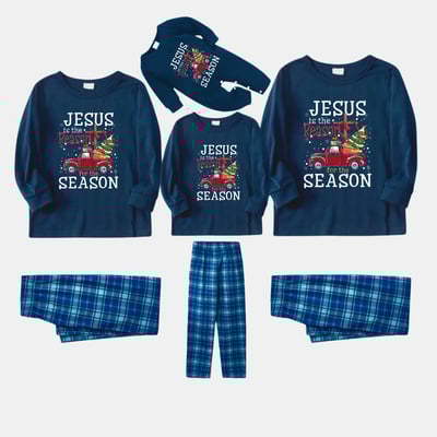 Christian Blue Plaid Family Matching Christmas Pajama Set for Adults Kids and Pets