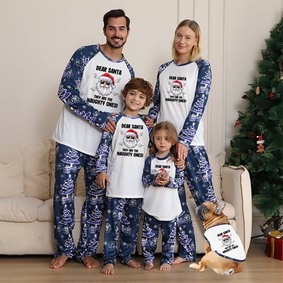 Dear Santa Naughty Ones Matching Family Christmas PJs Navy Tree Print