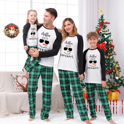 Chillin' with the Snowmies Christmas Green Print Family Matching Pajamas Set