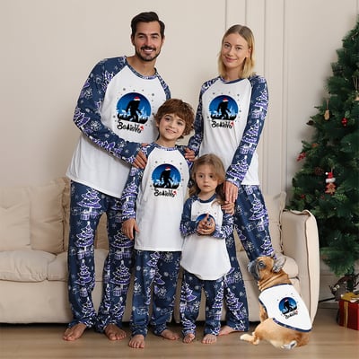 Navy Believe Bigfoot Matching Family Christmas PJs with Pet Outfit